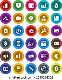 White Solid Icon Set- dollar coin vector, graph, japanese candle, wallet, cash, crisis, money bag, manager, case, growth, auction, search, clock, binder, sand, flag, personal information, calendar