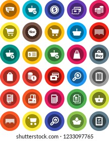 White Solid Icon Set- dollar coin vector, cart, credit card, stack, receipt, estate document, search, new, shopping bag, buy, barcode, reader, basket, list