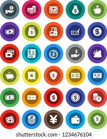 White Solid Icon Set- dollar coin vector, credit card, cash, money bag, piggy bank, investment, stack, check, receipt, shield, any currency, yen sign, wallet, cashbox