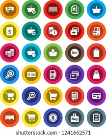 White Solid Icon Set- dollar coin vector, cart, credit card, stack, receipt, estate document, search, new, shopping bag, buy, barcode, reader, basket, list