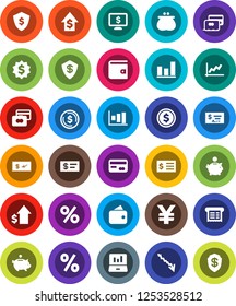 White Solid Icon Set- dollar coin vector, graph, laptop, credit card, wallet, crisis, piggy bank, growth, check, receipt, medal, shield, monitor, yen sign, percent