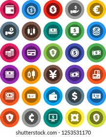 White Solid Icon Set- dollar coin vector, japanese candle, credit card, wallet, cash, investment, stack, check, shield, monitor, any currency, euro sign, yen, cent, money