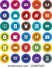 White Solid Icon Set- dollar coin vector, japanese candle, credit card, wallet, growth, stack, check, receipt, medal, flag, calendar, monitor, euro sign, yen, gold ingot, money, cash, bag, reader