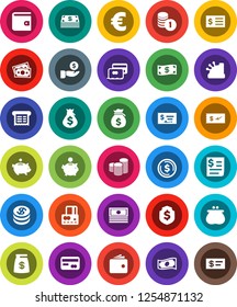 White Solid Icon Set- dollar coin vector, credit card, wallet, cash, money bag, piggy bank, investment, stack, check, receipt, shield, euro sign, cashbox