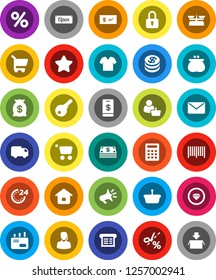 White Solid Icon Set- dollar coin vector, wallet, cash, star, money bag, open, 24 hour, percent, customer, support, barcode, receipt, basket, cart, home, calculator, delivery, mail, loudspeaker