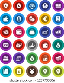 White Solid Icon Set- dollar coin vector, credit card, wallet, cash, money bag, investment, stack, check, receipt, shield, euro sign, yen, cashbox