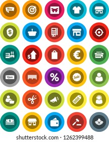 White Solid Icon Set- dollar growth vector, target, euro sign, office, barcode, gift, wallet, cash, sale, new, open, shopping bag, percent, store, mall, customer, support, card reader, basket