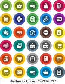 White Solid Icon Set- dollar coin vector, cart, credit card, stack, receipt, estate document, search, new, shopping bag, buy, barcode, reader, basket, list