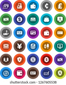 White Solid Icon Set- dollar coin vector, japanese candle, credit card, wallet, cash, investment, check, shield, monitor, pound, yen sign, cent, money