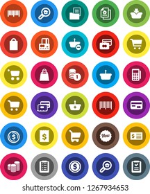 White Solid Icon Set- dollar coin vector, cart, credit card, stack, receipt, estate document, search, new, shopping bag, barcode, reader, basket, list