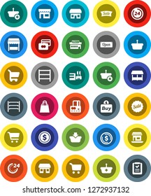 White Solid Icon Set- dollar coin vector, cart, credit card, office, shelving, sale, open, 24 hour, shopping bag, market, store, mall, buy, basket, list