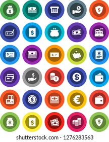 White Solid Icon Set- dollar coin vector, credit card, wallet, cash, money bag, piggy bank, investment, stack, check, receipt, shield, euro sign, cashbox