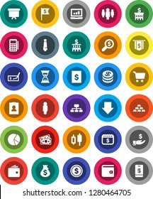 White Solid Icon Set- dollar coin vector, pie graph, cart, japanese candle, laptop, wallet, money bag, investment, check, bank building, search, man, sand clock, arrow down, presentation board, flag