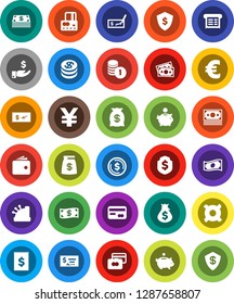 White Solid Icon Set- dollar coin vector, credit card, wallet, cash, money bag, piggy bank, investment, stack, check, shield, any currency, euro sign, yen, receipt, cashbox