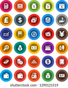 White Solid Icon Set- dollar coin vector, gold ingot, japanese candle, credit card, wallet, money bag, investment, stack, check, receipt, search, flag, safe, calendar, pound, yen sign, reader