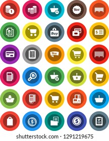 White Solid Icon Set- dollar coin vector, cart, credit card, stack, receipt, estate document, search, new, shopping bag, buy, barcode, reader, basket, list
