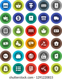 White Solid Icon Set- dollar coin vector, wallet, cash, money bag, new, closed, 24 hour, market, customer, buy, barcode, card reader, receipt, basket, home, shopping list, auction, delivery, catalog