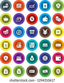 White Solid Icon Set- dollar coin vector, credit card, wallet, money bag, piggy bank, investment, stack, check, receipt, shield, any currency, yen sign, cash, cashbox