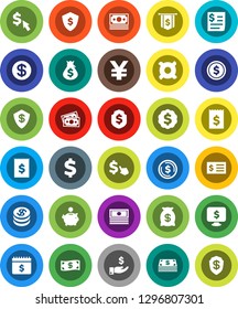 White Solid Icon Set- dollar coin vector, cash, money bag, piggy bank, investment, receipt, medal, flag, shield, calendar, monitor, cursor, any currency, yen sign