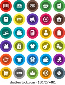White Solid Icon Set- dollar coin vector, wallet, cash, money bag, sale, open, 24 hour, shopping, mall, customer, support, target, barcode, card reader, cashbox, basket, cart, home, trolley, catalog