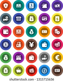 White Solid Icon Set- dollar coin vector, credit card, wallet, cash, money bag, piggy bank, investment, stack, receipt, shield, euro sign, yen, cashbox, check
