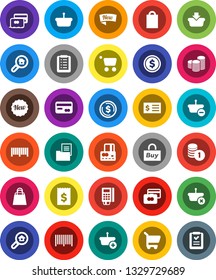 White Solid Icon Set- dollar coin vector, credit card, stack, receipt, estate document, search, new, shopping bag, buy, barcode, reader, basket, cart, list