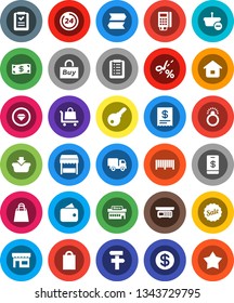 White Solid Icon Set- dollar coin vector, wallet, cash, sale, 24 hour, shopping bag, market, store, mall, buy, barcode, card reader, receipt, basket, home, list, trolley, delivery, tap pay, coupon