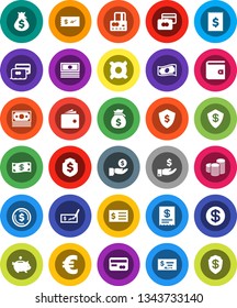 White Solid Icon Set- dollar coin vector, credit card, wallet, cash, money bag, piggy bank, investment, stack, check, receipt, shield, any currency, euro sign