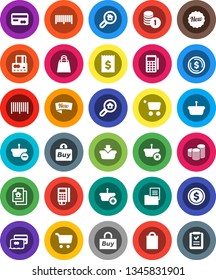 White Solid Icon Set- dollar coin vector, cart, credit card, stack, receipt, estate document, search, new, shopping bag, buy, barcode, reader, basket, list