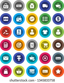 White Solid Icon Set- dollar coin vector, money bag, sale, new, open, closed, shopping, market, store, customer, support, target, buy, card reader, receipt, basket, cart, auction, delivery, mail