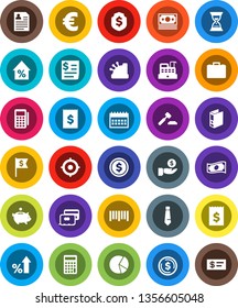 White Solid Icon Set- dollar coin vector, pie graph, cash, percent growth, piggy bank, case, investment, auction, calculator, receipt, target, binder, sand clock, flag, personal information, tie