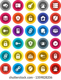 White Solid Icon Set- dollar shield vector, safe, protected, link, cloud, big data, server, firewall, chain, lock, key, siren, unlock, smart home, password