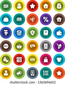 White Solid Icon Set- dollar coin vector, wallet, cash, star, money bag, sale, new, shopping, percent, mall, customer, support, basket, home, calculator, trolley, catalog, loudspeaker, tap pay, menu