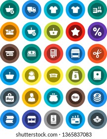 White Solid Icon Set- dollar coin vector, wallet, cash, star, money bag, sale, new, percent, market, mall, support, buy, card reader, basket, delivery, mail, catalog, tap pay, coupon, signpost