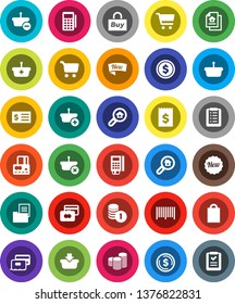 White Solid Icon Set- dollar coin vector, cart, credit card, stack, receipt, estate document, search, new, shopping bag, buy, barcode, reader, basket, list