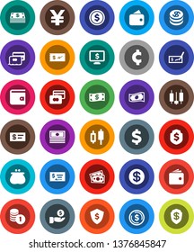 White Solid Icon Set- dollar coin vector, japanese candle, credit card, wallet, cash, investment, stack, check, shield, monitor, yen sign, cent, money