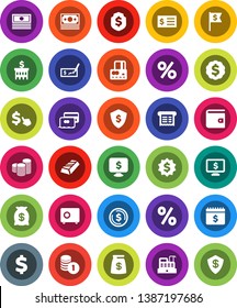 White Solid Icon Set- dollar coin vector, gold ingot, credit card, wallet, cash, stack, check, bank building, receipt, medal, flag, shield, safe, calendar, monitor, cursor, sign, money, bag, percent