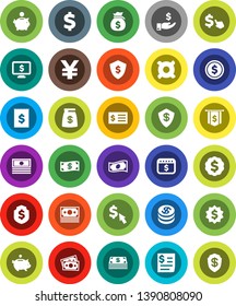 White Solid Icon Set- dollar coin vector, cash, money bag, piggy bank, investment, receipt, medal, flag, shield, calendar, monitor, cursor, any currency, yen sign