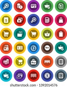 White Solid Icon Set- dollar coin vector, cart, credit card, stack, receipt, estate document, search, new, shopping bag, buy, barcode, reader, basket, list