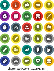 White Solid Icon Set- double boiler vector, cereal, egg, mushroom, potato, chicken leg, oil, heart pulse, bike, muscule hand, fitness mat, cereals, breads, pool, bone, thermometer, dropper, patch