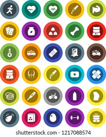 White Solid Icon Set- double boiler vector, cereal, egg, chicken leg, barbell, heart pulse, bike, muscule hand, buttocks, water bottle, breads, first aid kit, bone, hoop, run, thermometer, dropper