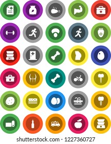 White Solid Icon Set- double boiler vector, cereal, egg, mushroom, potato, chicken leg, oil, diet, barbell, bike, muscule hand, buttocks, fitness mat, breads, pool, bone, run, doctor bag, anamnesis