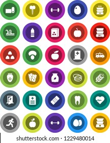 White Solid Icon Set- double boiler vector, cereal, egg, mushroom, apple fruit, diet, barbell, heart pulse, water bottle, fitness mat, cereals, breads, hoop, run, patch, anamnesis, amkbulance car
