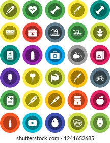 White Solid Icon Set- double boiler vector, cereal, egg, chicken leg, oil, diet, heart pulse, bike, muscule hand, water bottle, cereals, breads, pool, first aid kit, bone, hoop, doctor bag, dropper