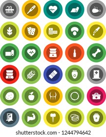 White Solid Icon Set- double boiler vector, mushroom, potato, chicken leg, oil, apple fruit, heart pulse, muscule hand, buttocks, fitness mat, cereals, breads, pool, bone, hoop, doctor bag, dropper