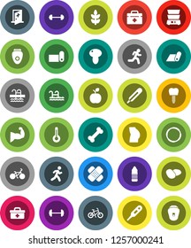 White Solid Icon Set- double boiler vector, mushroom, potato, apple fruit, barbell, bike, muscule hand, buttocks, water bottle, fitness mat, cereals, pool, bone, hoop, run, doctor bag, thermometer
