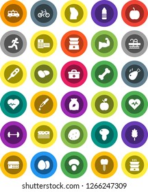 White Solid Icon Set- double boiler vector, cereal, egg, mushroom, potato, chicken leg, apple fruit, diet, barbell, heart pulse, bike, muscule hand, buttocks, water bottle, breads, pool, bone, run