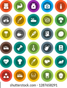 White Solid Icon Set- double boiler vector, cereal, mushroom, potato, chicken leg, oil, heart pulse, bike, muscule hand, buttocks, fitness mat, first aid kit, bone, hoop, thermometer, dropper, tooth