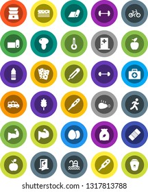 White Solid Icon Set- double boiler vector, cereal, egg, mushroom, chicken leg, apple fruit, barbell, bike, muscule hand, water bottle, fitness mat, breads, pool, first aid kit, run, thermometer