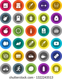 White Solid Icon Set- double boiler vector, cereal, egg, potato, chicken leg, oil, diet, barbell, bike, buttocks, water bottle, fitness mat, cereals, pool, first aid kit, hoop, run, thermometer